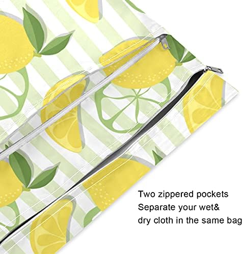 OTVEE Lemon Citrus Fruit Stripes Wet Dry Bag, 2 бр Водоустойчив многократна употреба Влажна Торбичка за Тъкани Памперс Бански