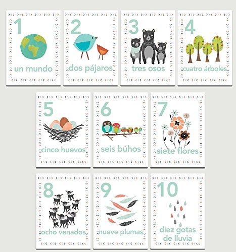 Our Earth Counting Wall Cards in Spanish, Number Flash Cards, Set of Ten 5x7 Wall Art Prints, Nursery Wall Art Decor, Kid ' s Art Decor, Gender Neutral Nursery, Nature Тематични, Woodland Nursery, стая за игри