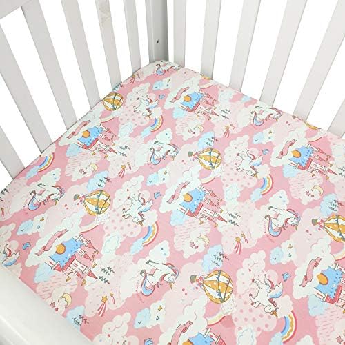 Brandream Unicorn Fitted Crib Pink Sheets Crib Sheets for Girls Baby Детска Бебешко Креватче с Матрак, Чаршафи с Единорогом Звезда Облак Печат Памук