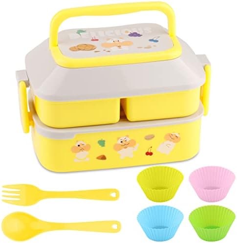 Stackable Bento Box for Kids, NatraProw 3 Отделение Snack Bento Box with Handle, Toddler Lunch Box with Посуда, Силикон cupcake Контейнер за обяд, за Момчета, Момичета - Начална или детска градина(жълто, S)