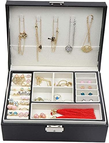 Кученце Jewelry Box Jewellery Boxes 2 Layer Jewellery Box Leather Jewellery Box for Women Girls Teens Jewelry Organizer Jewelry Box Storage Box with Lock Jewelry Storage Box (Color : 1#Черна)