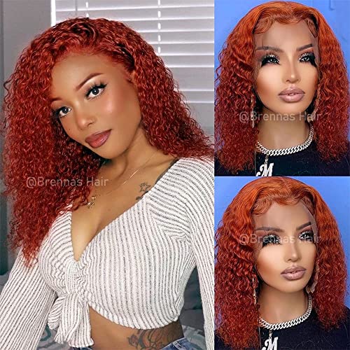 Brennas Hair for Black Women Джинджифил Orange Red Water Wave Перука 13x4x1 Къдрава Боб T Part Lace Front