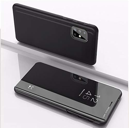 Калъф за мобилен телефон Отличен за Galaxy A71 Покритие Огледало Странично Флип Кожа с Поставка за Мобилен телефон Кобур(черен) (Цвят : черен)
