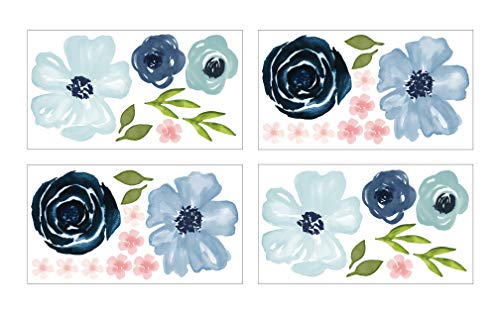 Sweet Jojo Designs Blue Watercolor Floral Large Peel and Stick Wall Decal Stickers Art Nursery Decor Mural - Комплект от 4 листа - Цвят Розово, Тъмно Зелено и Бяло, Изтъркан Шик Розата е Цветето на Селска Къща Бохо