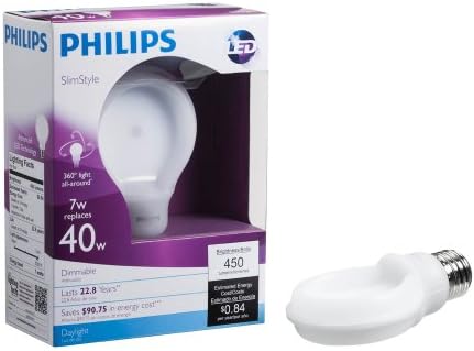 Philips LED Dimmable SlimStyle A19 Матова лампа с нажежаема жичка: 5000 Кельвинов, 7 W (еквивалент на 40 W), на основата на E26, Дневна светлина, 1 опаковка