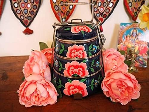 CRAFTING WITH LOVE A BEAUTIFUL Traditional Hand Painted Lunch and Tiffin Boxes 3 Part Black with Light Salmon