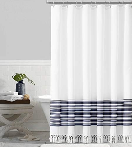 Felisa Blue Шарени Shower Curtain with Double Knot Fringe, Farmhouse Boho Fabric Shower Curtain for Bathroom,Машинно