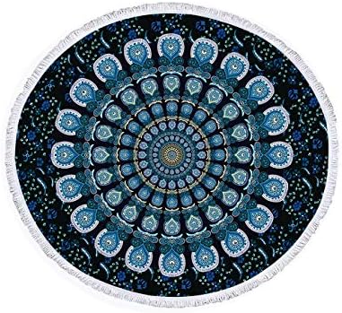 Jiahongsheng Богемное кръгло плажна кърпа Индийски Мандала килимче за Йога Гоблен 60 инча Диаметър (синьо/Черно-Мандала)