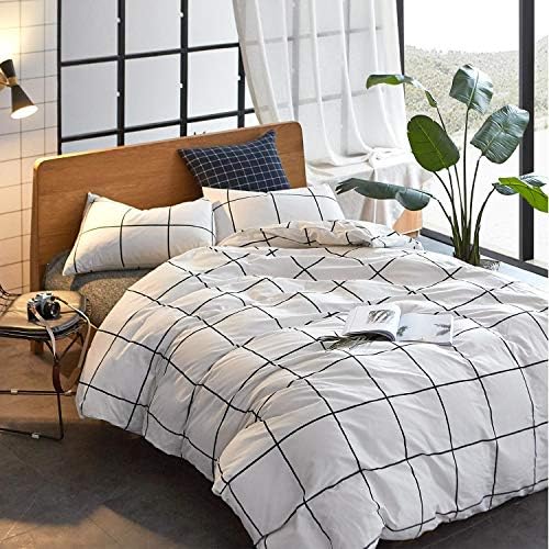 KAREVER White Grid Comforter Set Big Grid Beding Set Queen Cotton White with Black Plaid Printed Pattern