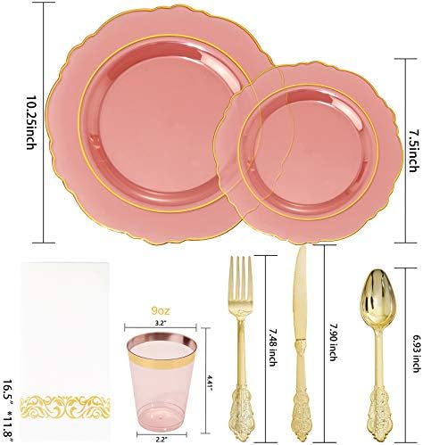 KIRE 30 Guest Clear Pink Plastic Plates with Gold Rim& Disposable Gold Plastic Silverware &Pink Cups&Hand