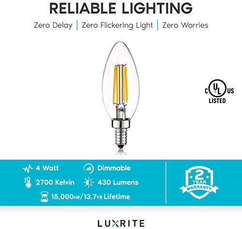 Luxrite 4W Vintage Candelabra LED Bulbs Dimmable, 430 лумена, 2700K Топло бяла, E12 LED Bulb Еквивалент