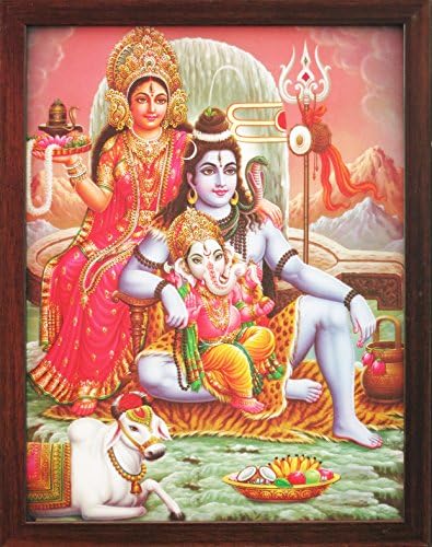 Магазин за занаяти Шива с Ганешей и Maa Парвати и го Крава, Плакатная картина с рамка за индуски религиозно