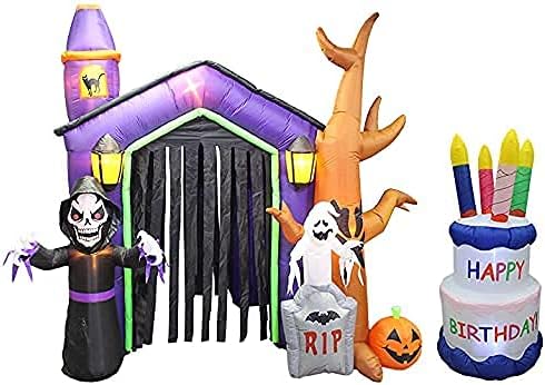 Два комплекта украса за Хелоуин и Деня на раждане, включва 8,5 фута Надуваем от Духове Къща, Замък с виртуален скелет, Призрачен Дърво, Тиква и 6-крак Надуваема торта ч