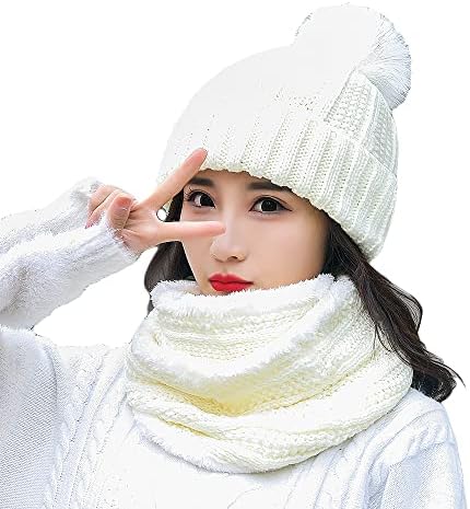 EZ-Джойс Women ' s Pom Шапка Hat Scarf Set Warm Winter Fleece Knit Skull Cap with Lengthen Neckerchief