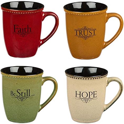 Комплект от четири Селски Керамични Кафе/Чай Steins с Библейски Стихове Градински чай Зелен, Слонова кост,