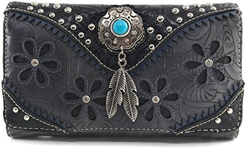Джъстин West Cowgirl Leather Cut Hidden Carry Feather Concho Country Vintage Western Handbag Wallet Портфейл