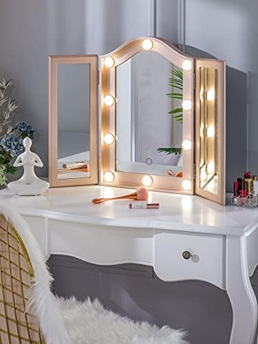 LUXFURNI Vanity Lighted Tri-fold Makeup Mirror with 10 Dimmable LED Bulbs, Touch Control Светлини Tabletop
