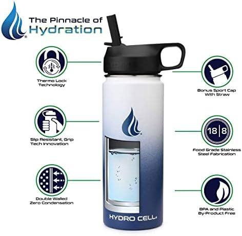 Бутилка за вода от неръждаема стомана HYDRO CELL w/Straw & Wide Mouth Капачки (тъмно синьо/бяло 18 унции
