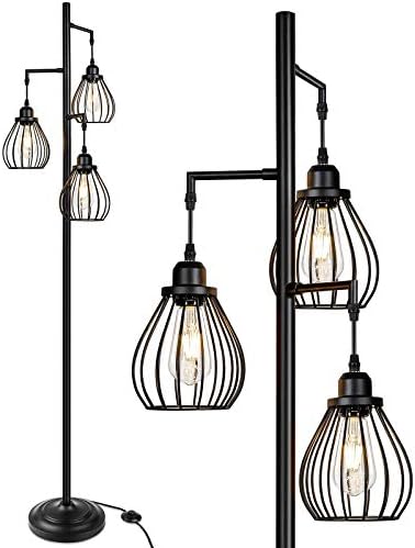 Lakumu Industrial Floor Lamp for Living Room, Tree Floor Lamp with 3 Elegant Сълза Cage Heads & ST58 LED