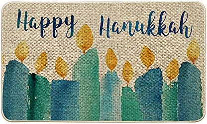 Artoid Mode Candles Happy Hanukkah Decorative Doormat Blue, Winter Seasonal Judaica Holiday Low-Profile