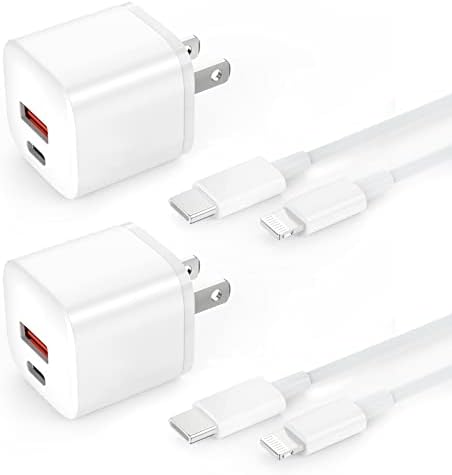 USB Wall Charger, 2-Pack 20W Dual Port USB-C & USB-A Power Adapter with 2-Pack 3 ФУТ Type-C to Светкавица