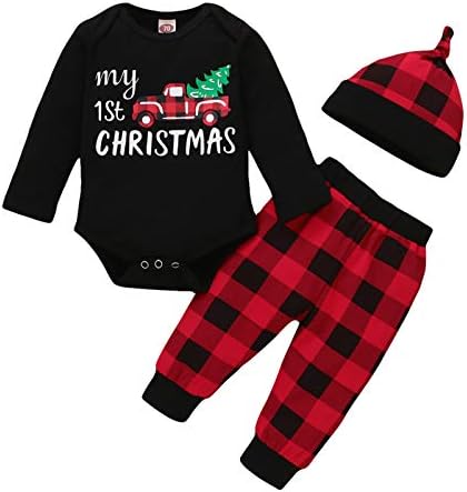 My First Christmas Outfit Baby Boy Long Sleeve Truck Rompers Коледа Plaid Pants Hat Clothes Set