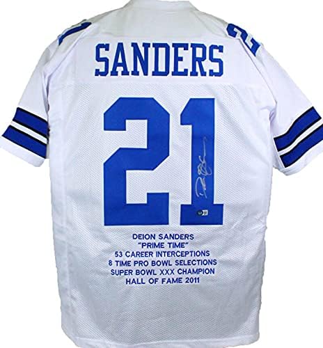 Deion Sanders Autographed White Pro Style Stat Jersey - Beckett W Silver 1