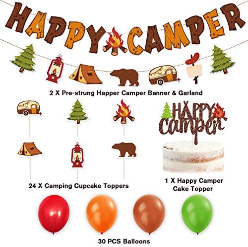 Happy Camper Party Decoration Kit Banner Cake Topper Balloons Деца в задния Двор на Camp Out Birthday Photo