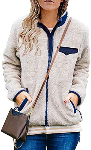 MEROKEETY Womens Long Sleeve Full Zip Sherpa Jackets Patchwork Fleece Coat with Zipper