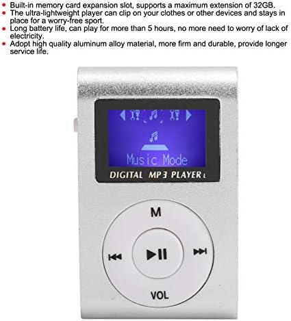 LAJS Mini MP3, Поддръжка на Карти с памет Ултра‑Лек Диктофон Преносим Музикален Плеър с LCD екран 32 GB FM радио Спортен Заден Скоба за работа на открито(сребро)