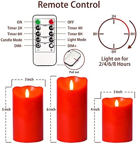 MYCHUJIAN Flameless Свещ Red LED Set of 3 (H 4 5 6x D 3) е dripless налива Real Wax LED Pillar Светлини Battery Operated Flickering Flameless Candles with 10-Key Remote and Cycling 24 Hours Таймер