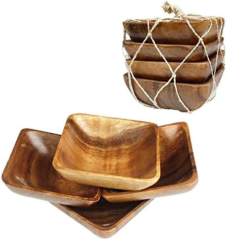 Acacia Собственоръчно Wood Carved Plates - Комплект от 4 чаши Калебаса с размер 4 инча (квадрат)