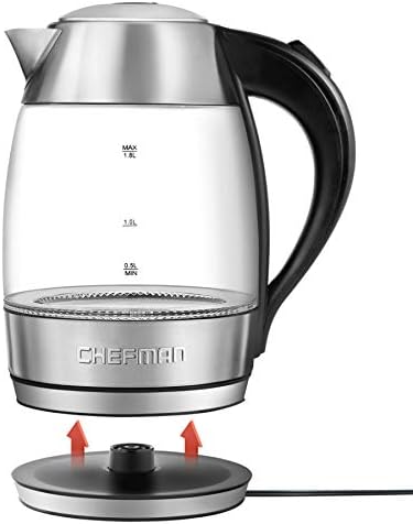 Електрически Стъклен чайник Chefman, Бързото Варене с led осветяване, Автоматично изключване и Защита от