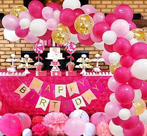 85 бр. Ярко-Розов Балон Венец Арка и честит Рожден Ден на Банер Комплект Ярко Розово Бял Златен Конфети,