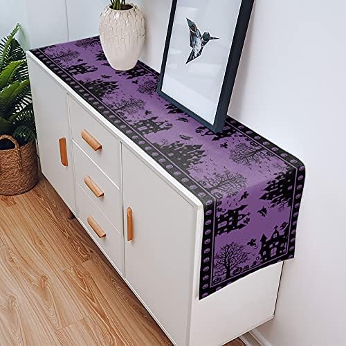 Halloween House Table Runner 70 Inches Long, Haunted House Purple Black Pumpkins Table Runner Тоалетка Scarves for Halloween Dinner Parties and Scary Movie Nights, Washable Polyester Table Runner