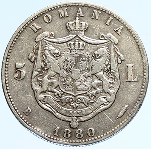 1880 IT 1880 ROMANIA with KING CAROL I & Large Shield VIN 5 Lei Good Uncertified