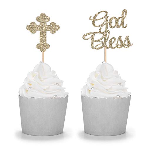24 Броя Блестящ Бог Благославя и на Кръщението, и на Cupcake Топперы Християнски Украси за Партита
